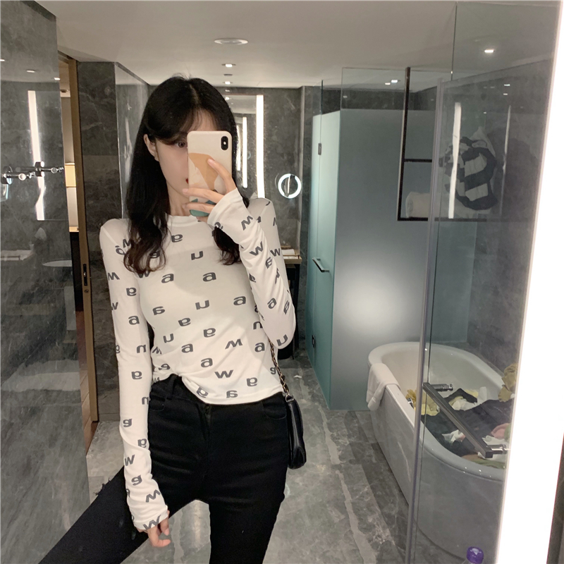 2020 autumn and winter black letters long-sleeved slim slimming t-shirt Korean style fashion western-style top with bottoming shirt women