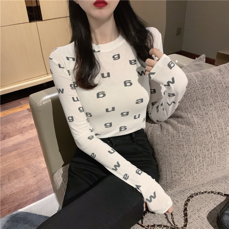 2020 autumn and winter black letters long-sleeved slim slimming t-shirt Korean style fashion western-style top with bottoming shirt women