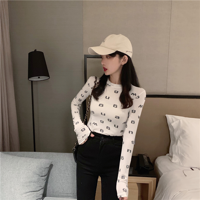 2020 autumn and winter black letters long-sleeved slim slimming t-shirt Korean style fashion western-style top with bottoming shirt women